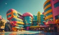 A colorful building with a pool in front of it.