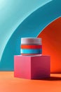 Vibrant cosmetic jar on a pink cube against colorful background.