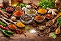 Assorted Colorful Spices And Herbs In Wooden Bowls On Rustic Kitchen Table Royalty Free Stock Photo