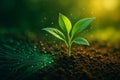 AI generated vibrant green seedling sprouting from fertile soil with glowing circuit pattern and floating light particles Royalty Free Stock Photo