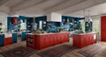 Ai generated a vibrant kitchen with bold red cabinets and blue walls Royalty Free Stock Photo