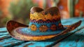 Vibrant Mexican sombrero on a turquoise wooden background.