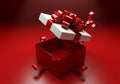 AI generated. Open Red Gift Box with White Lid and Red Bow on Red Background Royalty Free Stock Photo