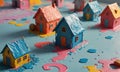 A group of small houses made of clay are sitting on a blue table. Royalty Free Stock Photo