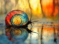 Vibrant snail shell reflection with colorful background. Royalty Free Stock Photo