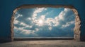 View of cloudy sky through a hole in a blue wall. Royalty Free Stock Photo