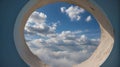 View of cloudy sky through a hole in a blue wall. Royalty Free Stock Photo
