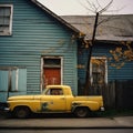 AI-Generated Vintage American Yellow Pickup Truck In Front Of A Blue Wooden House
