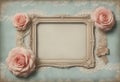 vintage frame with pink roses and lace on blue background Royalty Free Stock Photo