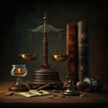 ai generated vintage libra scale and books against black