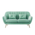 Vintage modern leather mint sofa with pillows on the white background