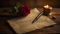 AI Generated: Vintage parchment document covered with elegant flowing script and featuring a gold fountain pen is displayed on a r Royalty Free Stock Photo