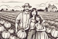 A vintage-style illustration of a happy family picking pumpkins at a farm for harvest season.