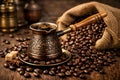 Vintage Turkish Coffee Setup With Copper Cezve Coffee Beans And Sugar Royalty Free Stock Photo