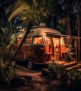 AI generated vintage van parked in front of lush tropical palm tree