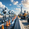 Futuristic Construction Robots on Building Site