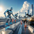 Futuristic Construction Robots on Building Site