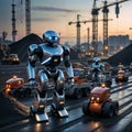 Futuristic Construction Robots on Building Site