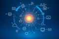 AI generated visualization of glowing holographic data core surrounded by digital icons representing communication cloud computing Royalty Free Stock Photo