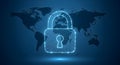 Global data security concept showing a glowing digital padlock over a dark world map background. Royalty Free Stock Photo