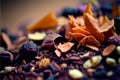 AI generated vivid closeup of dried blossoms, dried oranges, aromatic herb leaves, and seedpods employed as potpourri.