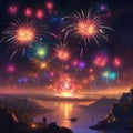 AI generated vividly colorful fireworks adorning the night skies above a water body