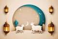 a wall with sheeps and crescent moon with lanterns on background Royalty Free Stock Photo