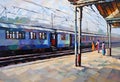 AI generated water colour painting of a railway platform with a train and some passengers