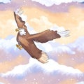 AI generated watercolor illustration of a brown colour eagle flying above the clouds