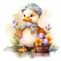 Ai generated watercolor illustration of Easter duckling in clothing sitting in a meadow with a basket of colored eggs