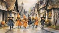 AI generated watercolor illustration vividly depicts a group of joyous children, clad in creative Halloween costumes, engaging in