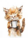 Ai Generated Watercolor Painting Of Cute Sleepy Orange Cat With a White Cup in Pastel Colors Isolated On White Background Royalty Free Stock Photo