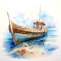 A watercolor of a shipwrecked boat with a wooden keel, half submerged in the seabed among shells and molluscs