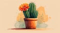 Watercolor-style cactus with a large orange flower in a terracotta pot. Royalty Free Stock Photo