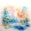 Watercolored abstract landscape with water, plants, and various colored simple forms against a white background