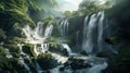 AI generated waterfall cascading over a large boulder surrounded by lush green trees Royalty Free Stock Photo