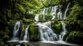 AI generated waterfall cascading over a large boulder surrounded by lush green trees Royalty Free Stock Photo