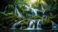 AI generated waterfall cascading over a large boulder surrounded by lush green trees Royalty Free Stock Photo