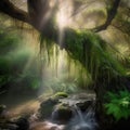 AI generated waterfall cascading over a rocky outcrop surrounded by lush green foliage Royalty Free Stock Photo