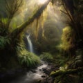 AI generated waterfall cascading over a rocky outcrop surrounded by lush green foliage Royalty Free Stock Photo