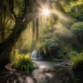 AI generated waterfall cascading over a rocky outcrop surrounded by lush green foliage Royalty Free Stock Photo