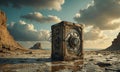A box with a lock on it is sitting in the middle of a desert. Royalty Free Stock Photo