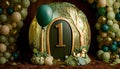 One Year in the Enchanted Forest Smash Cake Birthday Backdrop Background, Made with Generative AI Royalty Free Stock Photo