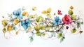 A whimsical watercolor botanical illustration of a trailing vine with colorful flowers and leaves by AI generated