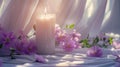 A white candle lit among pink flowers and drapes. Royalty Free Stock Photo