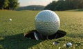 A golf ball is sitting in the bottom of a hole on a golf course. Royalty Free Stock Photo
