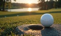 A golf ball is sitting in the bottom of a hole on a golf course. Royalty Free Stock Photo