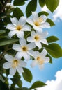 white plumeria flowers on a tree with blue sky background Royalty Free Stock Photo