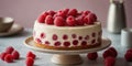 Whole raspberry cream cake on cake stand.