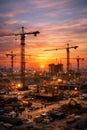 Large Urban Construction Site With Tower Cranes And City Development At Sunset Royalty Free Stock Photo